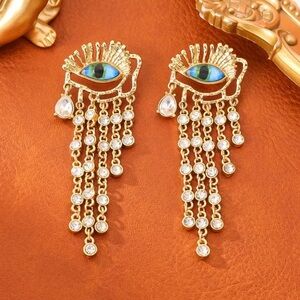 NEW Evil Eye Long Tassel Statement Earrings, Boho Chic Protective Gaze Earrings